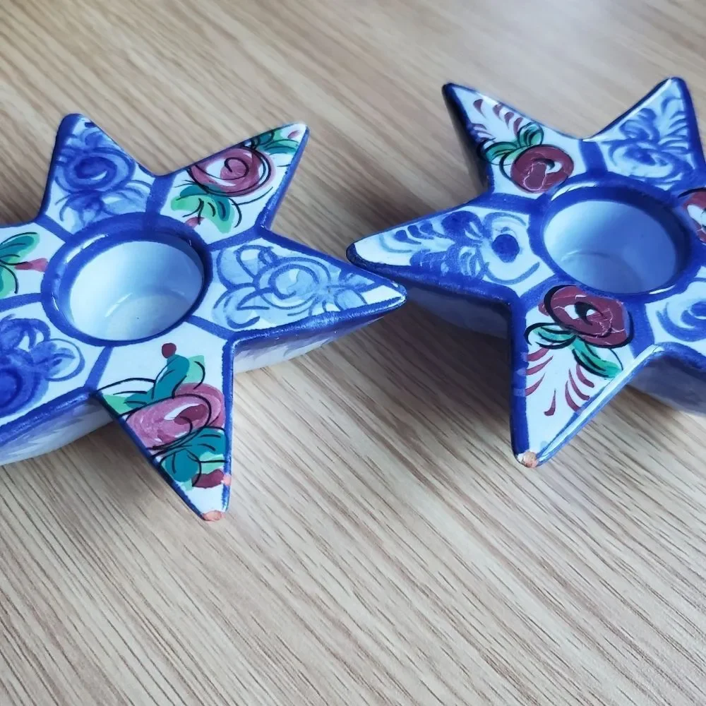 Handmade star shaped‎ floral painted candle holder set of two